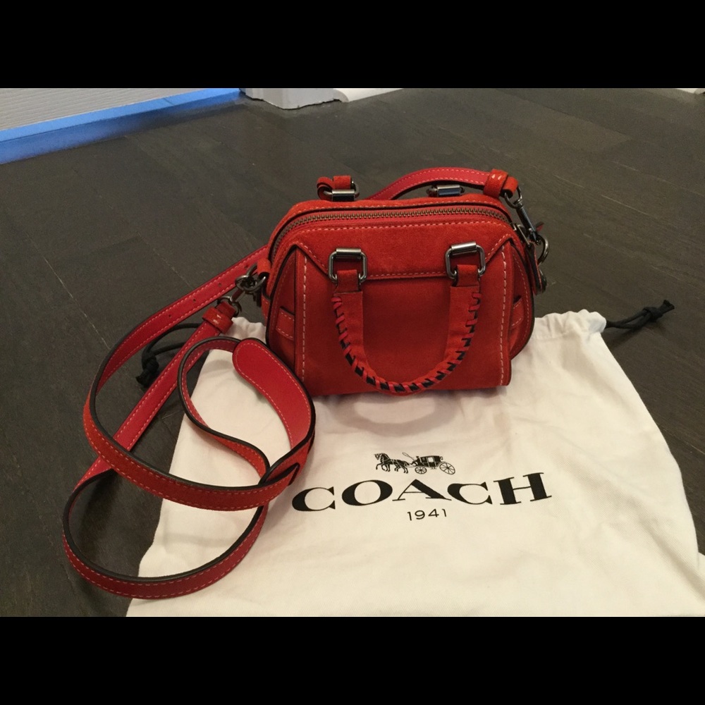 Coach Mini Boston Suede Red Bag with extra metal chain